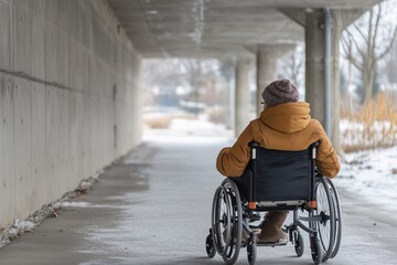 A sad person in an empty concrete corridor, sitting on the ground and using their wheelchair to move, depressive atmosphere, Life in a wheelchair, concept of disability difficulties, mobility, health