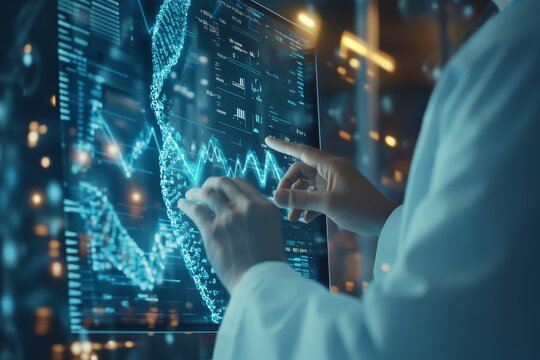 Doctor interacting with digital medical records on tablet, showcasing dna and healthcare technology
