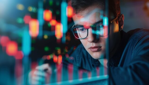 Concentrated Young Man Working on a Computer with Blurred Background