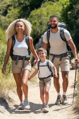 Fototapeta premium Diverse family hiking scenic park, exploring nature, enjoying outdoors. AI generated
