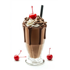 A glass with chocolate milkshake and cherries on white background 