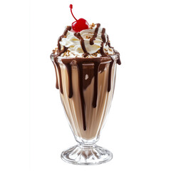 A glass with chocolate milkshake and cherries on white background 