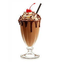 A glass with chocolate milkshake and cherries on white background 