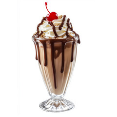 A glass with chocolate milkshake and cherries on white background 