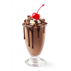 A glass with chocolate milkshake and cherries on white background 