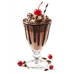 A glass with chocolate milkshake and cherries on white background 