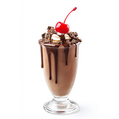 A glass with chocolate milkshake and cherries on white background 