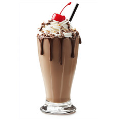 A glass with chocolate milkshake and cherries on white background 