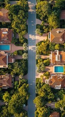 Aerial View of a Suburban Street Lined with Houses and Lush Greenery