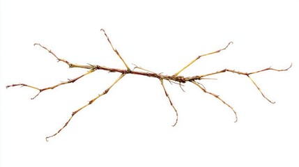 remarkable stick insect demonstrates incredible camouflage, perfectly blending into a white backdrop with its elongated body and thin legs, epitomizing nature's artistry.