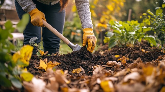 Turning Compost in Autumn Garden