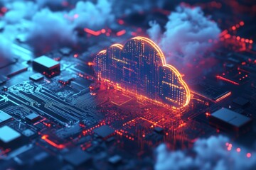 Cloud computing concept on microchip circuit board in a 3d rendered technology background