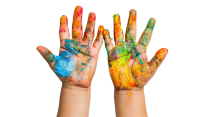 Color painted child hands on transparent background