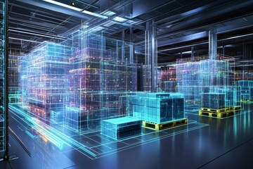 Advanced warehouse with holographic boxes and pallets enhancing logistics and precision in delivery