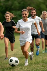 Diverse group playing soccer, engaging on green field vibrant players, teamwork, energy. AI generated