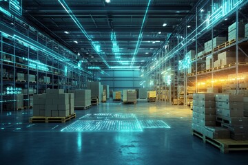 Digital rendering of an industrial warehouse showcasing holographic data flow and innovation