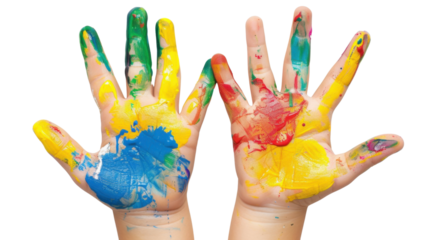 Color painted child hands on transparent background