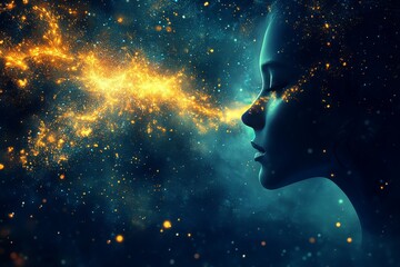 Fototapeta premium An abstract silhouette of a person dissolving into cosmic dust symbolizing the merging of human consciousness with the infinite universe and the ethereal nature of existence