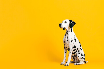 Adorable Dalmatian dog on yellow background. Copy space