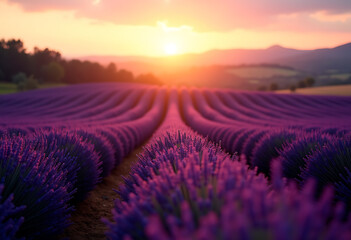 Endless Lavender Fields at Sunrise in the Countryside.