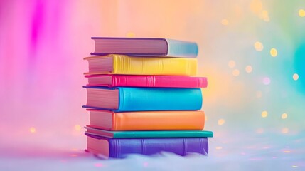 Fototapeta premium Colorful stack of books on a soft pastel background. Education and creativity concept