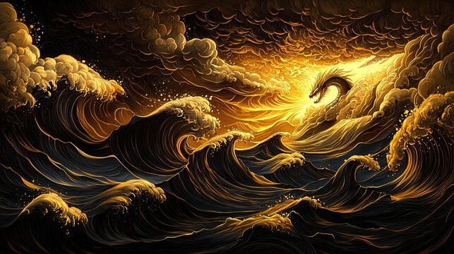 Golden dragon emerging from crashing waves on a black background.