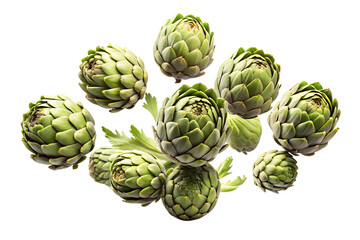 Fototapeta premium artichokes falling in the air on a transparent background PNG