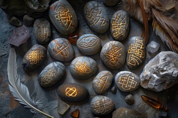 Mystical celtic runes on stones with feathers and crystals in warm light AI