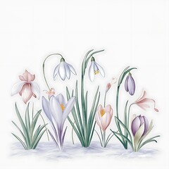 Set of hand drawn winter pastel plants and flowers, isolated illustration on white background