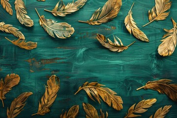 Elegant gold feathers on teal wooden background - luxurious autumn decor. AI