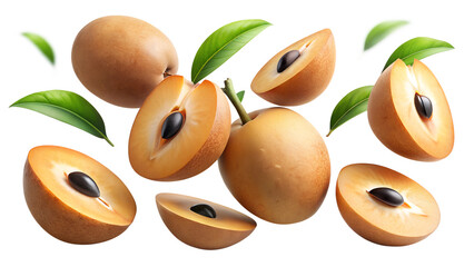 set of sapodilla falling in the air on a transparent background PNG