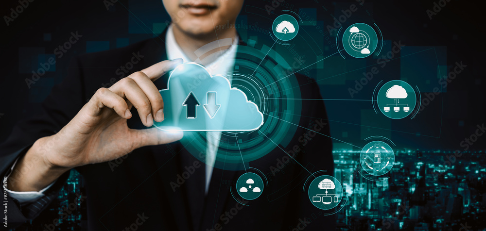 Poster cloud computing technology and online data storage for business network concept. computer connects t