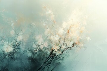 Fototapeta premium Abstract Painting of White Blooms Against a Blue-Green Background