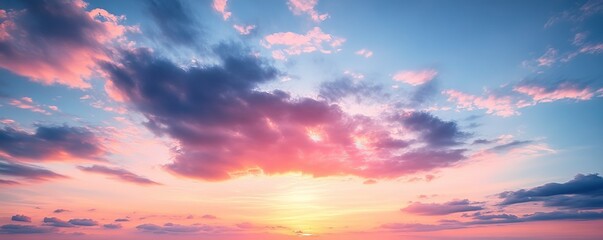 Obraz premium Sunset sky with vibrant clouds and pink hues, serene atmosphere. Nature and tranquility concept