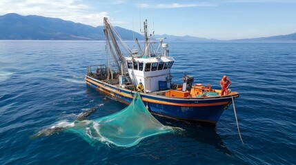 Fishing boat using eco-friendly nets preventing bycatch on ocean. AI generated