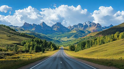 Naklejka premium Winding Road Through a Mountain Valley Under a Blue Sky With Clouds