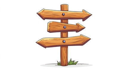 Cartoon wooden signpost with arrows pointing in different directions, isolated on a white background