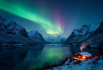 A breathtaking winter scene featuring a frozen lake beneath a vibrant aurora borealis