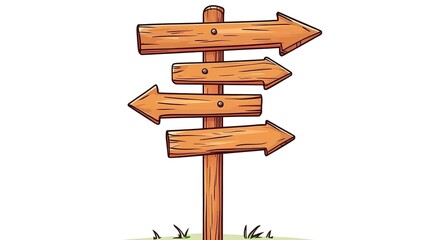 Cartoon wooden signpost with arrows pointing in different directions, isolated on a white background