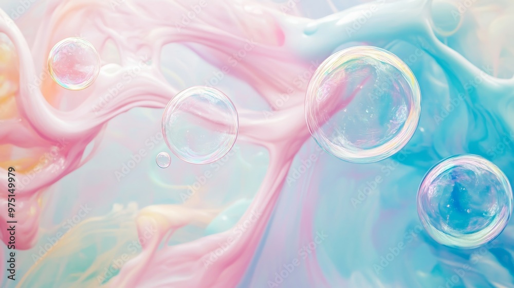 Poster Pastel fluid art with soap bubbles, abstract background. Creative color and texture design concept
