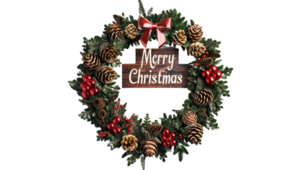 Christmas wreath and Merry Christmas sign on transparent background
