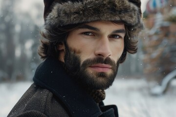Winter portrait of a man in traditional russian fur hat AI
