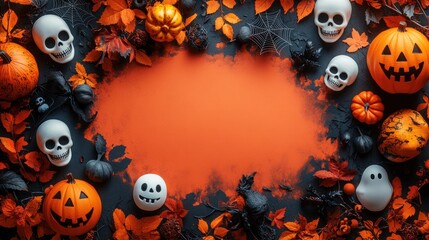 Halloween-themed flat lay with pumpkins, skulls, and autumn leaves.