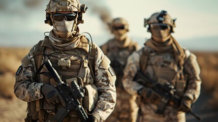 Fototapeta premium Group of soldiers in full gear, standing together with their faces hidden behind helmets and masks