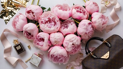 Pink peony flowers as floral art background, botanical flatlay and luxury branding design
