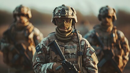 Fototapeta premium Group of soldiers in full gear, standing together with their faces hidden behind helmets and masks