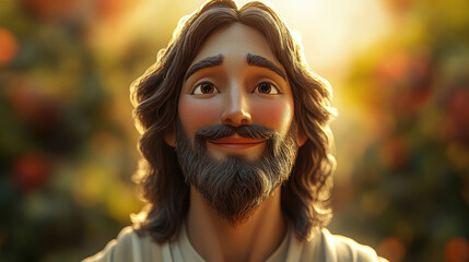 3d cartoon illustration of calm, peaceful, slightly smiling Jesus Christ against the background of an olive grove, Christianity, religion, God, lord, Catholicism, Orthodoxy, faith, believe, man