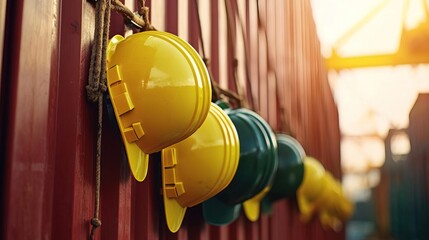 Yellow and green hard hats hanging on a red metal wall.