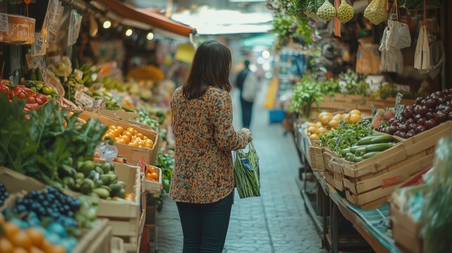 a woman shopping in the farmer's market, concept of retail sales, fresh food on local markets, news, shopping and consumerism, support farmers