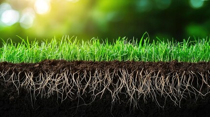 Close-up of grass roots in rich soil with a blurred green background.